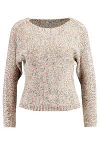 Dzianinowy sweter z długimi rękawami, zaokrąglonym dekoltem i wielobarwnym, nakrapianym wzorem w pastelowych odcieniach. Miękka faktura z ściągaczowymi mankietami.