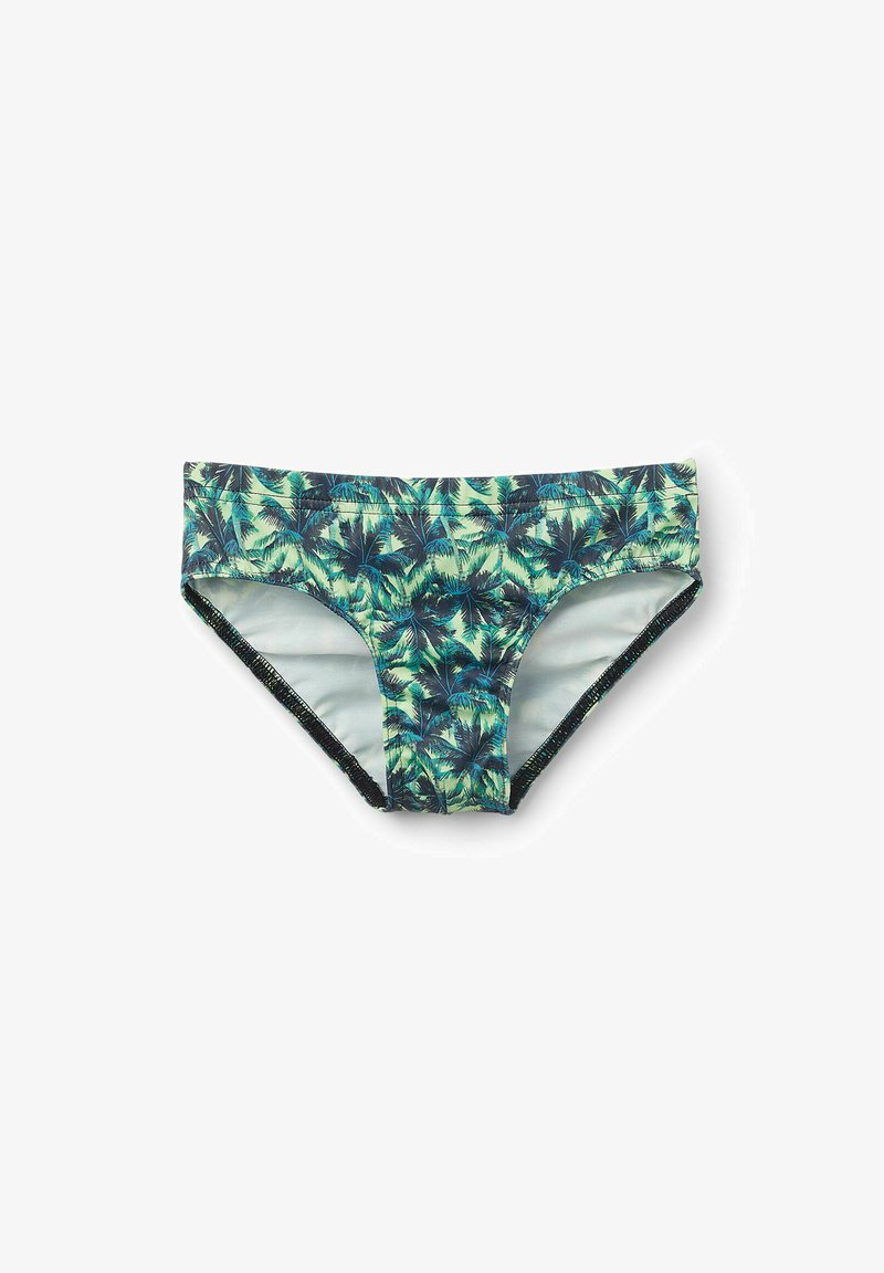 Bikiny s tropickým vzorem palmových listů v odstínech zelené a modré, s černým elastickým pasem a lemy. Hladká textura.
