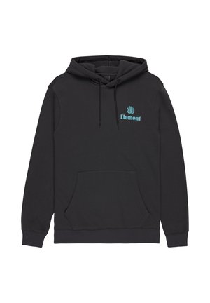 Felpa nera con cappuccio realizzata in materiale morbido, dotata di tasca a marsupio e cappuccio regolabile con stringa. Presenta un logo "Element" blu chiaro sul petto.