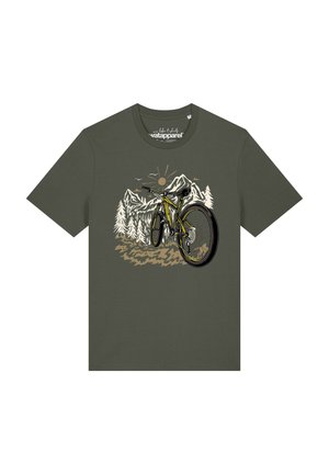 Dark green t-shirt with a graphic of a yellow mountain bike on a dirt trail, white pine trees, mountain peaks, and a sun in the background.