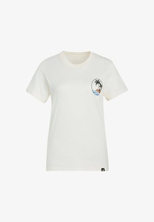 Kremfarvet bomulds-t-shirt med korte ærmer, med et motiv af en palme og strand i en oval på venstre bryst og et lille brandmærke i kanten.
