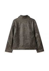 Giacca di pelle marrone con una superficie liscia, colletto a punta, maniche lunghe e dettagli di cucitura visibili sul retro. Senza tasche.