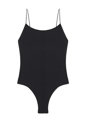 Costume intero nero con sottili spalline a spaghetti e scollo rotondo, mostrato su sfondo bianco.