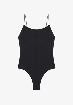 Black one-piece swimsuit with thin spaghetti straps and a scoop neckline, displayed against a white background.