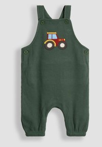 Dunkelgrüne, strukturierte Babyoveralls mit geknöpften Trägern und einem rot-gelben Traktor-Patch auf der Brust.