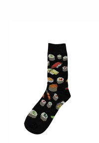 Calcetines negros con diseños coloridos de sushi, incluyendo rollos, sashimi y nigiri, con una textura tejida y longitud hasta la mitad de la pantorrilla.
