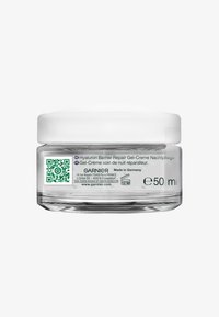 Clear glass jar with a white plastic lid; contains 50 ml of gel cream. Label features multilingual text and a QR code.