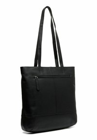 Zwarte leren tote bag met twee schouderbanden, voorzien van een voorklep met rits en horizontale stikdetails op de tas.