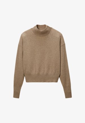 Pull en tricot beige à manches longues avec un col montant côtelé, des poignets et un ourlet, présenté à plat sur un fond blanc.