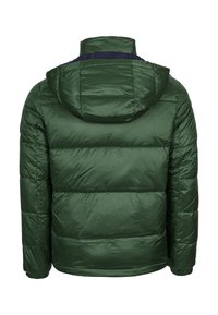 Green puffer jacket featuring a quilted design, a hood, and elastic cuffs. The material appears shiny with a smooth texture.