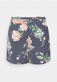Tmavě modré šortky s elastickým pasem, zdobené květinovým vzorem růžových, bílých a zelených květin a listů.