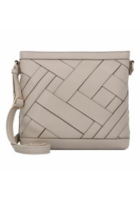 Beige Leder Umhängetasche mit geflochtenem Design, rechteckiger Form, verstellbarem Schulterriemen und glatter Textur. Mit Akzenten aus goldfarbenem Metall.