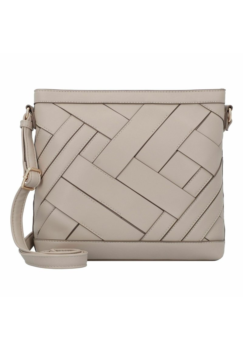 Beige Leder Umhängetasche mit geflochtenem Design, rechteckiger Form, verstellbarem Schulterriemen und glatter Textur. Mit Akzenten aus goldfarbenem Metall.