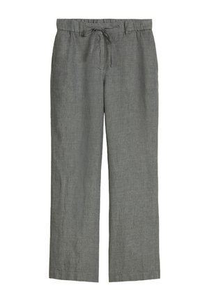 Graue Leinenhose mit geradem Bein, elastischem Bund und vorderem Bindverschluss.