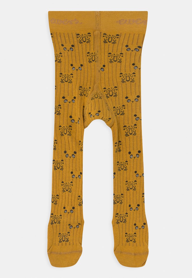 Gelbe gerippte Strumpfhosen mit einem Muster aus schwarzen Katzen mit blauen Augen und Blumen. Hoher Taillenbund mit aufgedrucktem Markennamen.