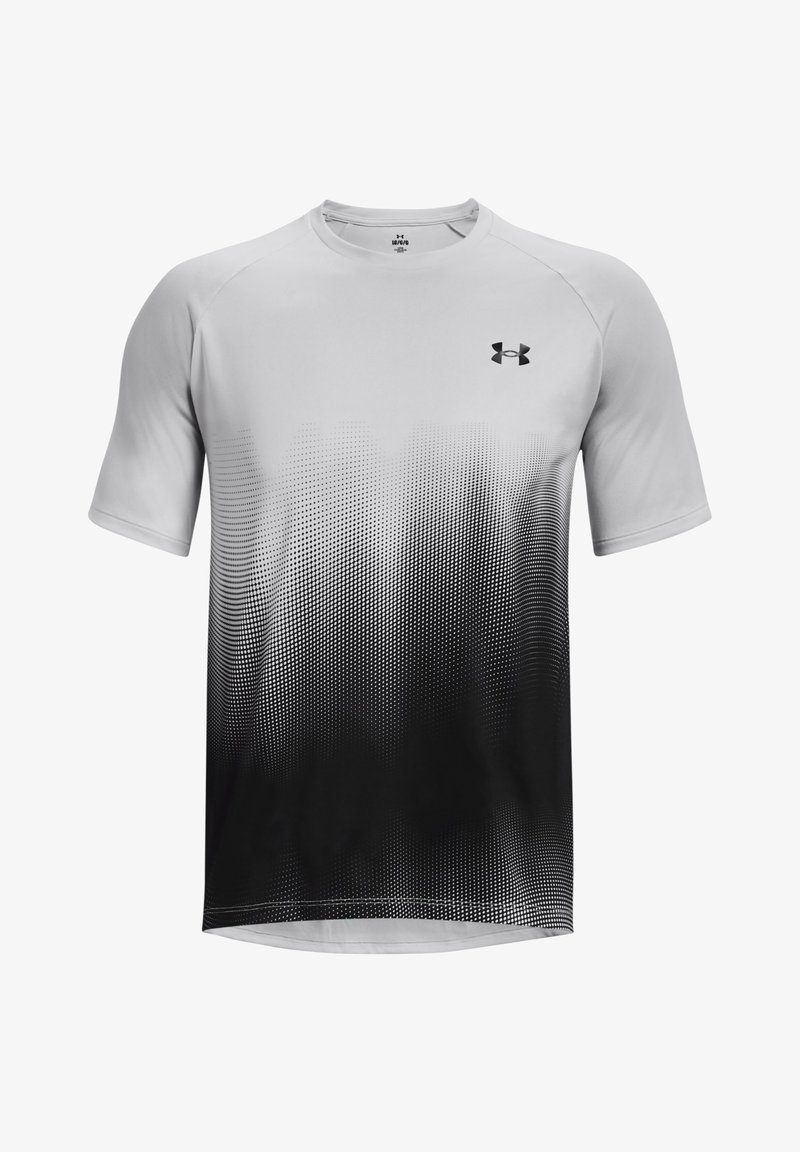 T-shirt de sport à manches courtes avec la moitié supérieure blanche et un motif de points dégradés noirs sur la moitié inférieure, arborant un petit logo Under Armour sur la poitrine.