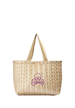 Bolso tote beige acolchado con asas dobles y un diseño de calavera y huesos cruzados en púrpura en el centro frontal.