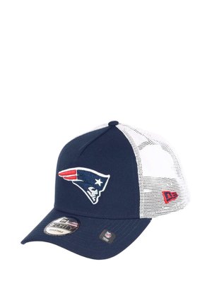 Navy blue baseball cap with a white mesh back, featuring an embroidered red and white New England Patriots logo on the front.