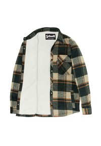 Giacca camicia a quadri verde e sabbia con un morbido rivestimento in pile bianco; dotata di chiusure con bottoni e una tasca sul petto. Il design include un'etichetta nera ben visibile.