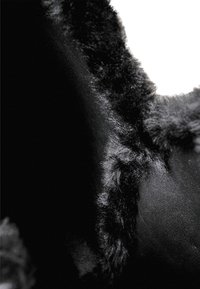 Čierny umelý kožušinový materiál s jemnou textúrou sa spája s hladkým čiernym povrchom, čím ukazuje výrazný kontrast medzi materiálmi a povrchovými úpravami.