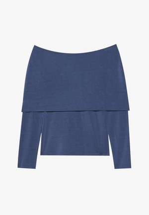 Hosszú ujjú, sötétkék felső, off-the-shoulder stílusban, réteges hatással, puha, texturált anyagból készült.