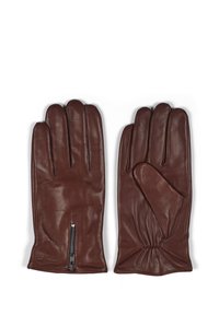 Brune lærhansker med en glat overflade, der har tre fingre og en sidelukning for nem påtagning. Fremstillet af blødt og smidigt materiale.