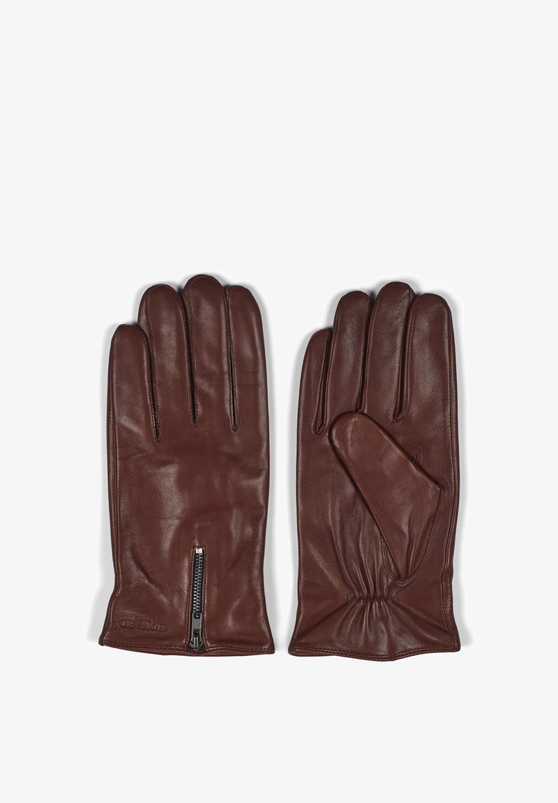 Brune lærhansker med en glat overflade, der har tre fingre og en sidelukning for nem påtagning. Fremstillet af blødt og smidigt materiale.