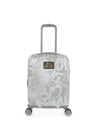 Maleta rígida de color gris claro con patrones en blanco estilo graffiti, asa retráctil y cuatro ruedas para un fácil desplazamiento.