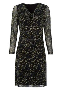 Czarna sukienka z długimi, przezroczystymi rękawami, dekoltem w kształcie cowl oraz abstrakcyjnym zielonym wzorem kwiatowym. Posiada fason kopertowy z dopasowanym krojem.