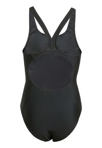Zwart badpak met racerback ontwerp, een gladde textuur en een ronde uitsnede op de rug voor extra ventilatie.