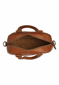 Borsa a mano in pelle marrone con chiusura a zip, forma arrotondata, doppi manici e interno beige. Presenta una stampa del logo all'interno.