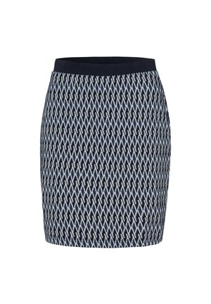 Jupe en tricot avec un motif géométrique bleu marine et crème, dotée d'une taille solide bleu marine. Conception ajustée et texture lisse.