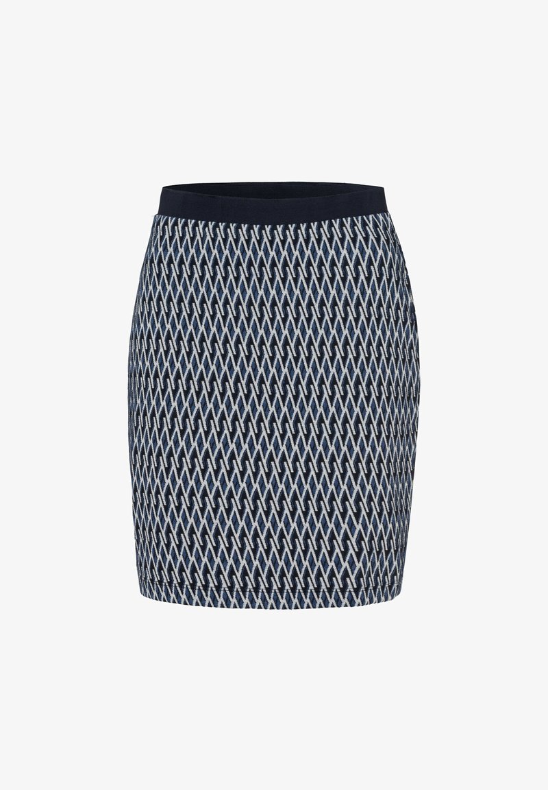 Jupe en tricot avec un motif géométrique bleu marine et crème, dotée d'une taille solide bleu marine. Conception ajustée et texture lisse.