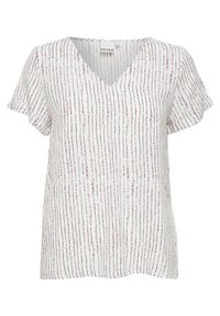 Top a maniche corte con scollatura a V in tessuto leggero. Presenta una base bianca con motivi a righe verticali rosa e grigi. Design con vestibilità comoda.
