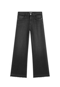Jeans in denim nero a gamba larga con orlo sfrangiato, caratterizzati da un classico design a cinque tasche e chiusura con bottone.