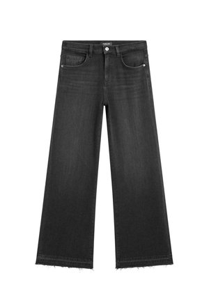 Jeans in denim nero a gamba larga con orlo sfrangiato, caratterizzati da un classico design a cinque tasche e chiusura con bottone.