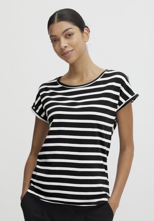 Schwarz-weiß gestreiftes Kurzarm-T-Shirt mit rundem Halsausschnitt und umgeschlagenen Ärmeln, aus einem weichen, leichten Stoff gefertigt.