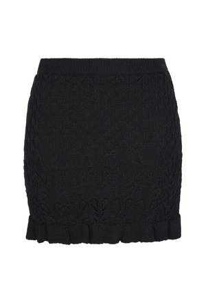 Zwarte gebreide mini-rok met ingewikkelde diamant- en bladpatronen, geribbelde tailleband en gerimpelde zoom.