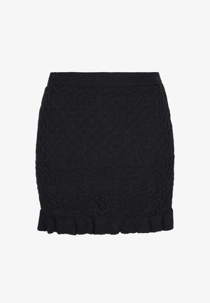 Sort strikket mininederdel med indviklede diamant- og bladmotiver, ribbet taljebånd og flæsekant.