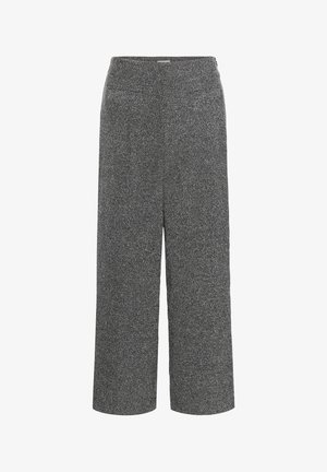 Pantalons larges grisés texturés avec un motif subtil, dotés d'une taille mi-haute et de poches latérales.