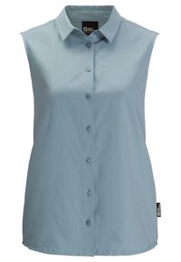 Light blue sleeveless blouse with a pointed collar, front button closure, and smooth fabric texture. Small logo tag on the side.