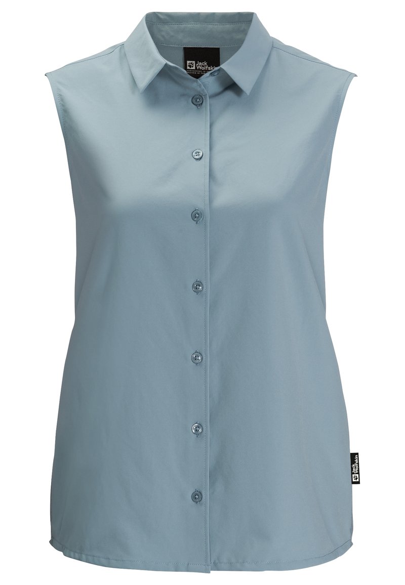 Light blue sleeveless blouse with a pointed collar, front button closure, and smooth fabric texture. Small logo tag on the side.