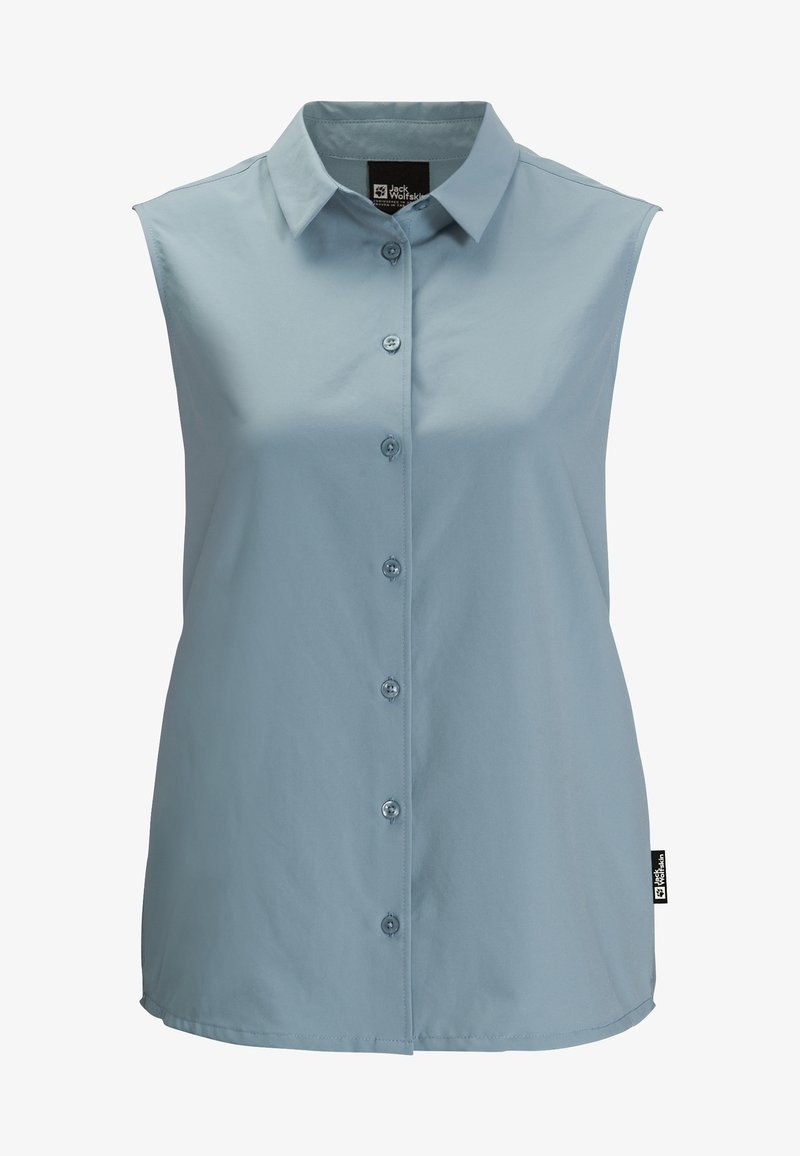 Light blue sleeveless blouse with a pointed collar, front button closure, and smooth fabric texture. Small logo tag on the side.
