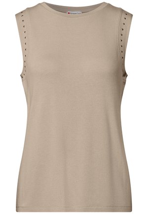 Sleeveless beige top made of soft fabric, featuring studded accents along the shoulders and a straight hem.