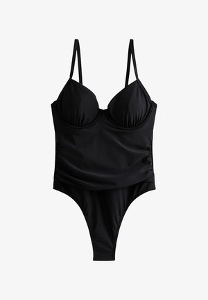 Costume da bagno intero nero con coppe con ferretto, spalline regolabili e lati arricciati, caratterizzato da un design con gambali alti.
