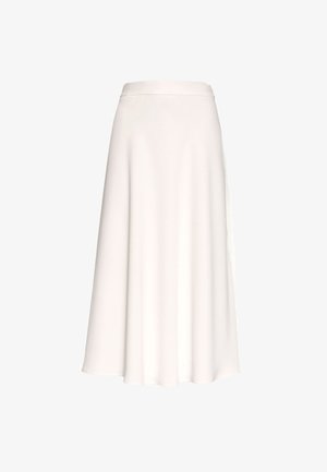 Falda A en blanco hecha de una tela suave. Cuenta con una cintura ajustada y un dobladillo hasta el suelo. Diseño simple y elegante, sin patrones ni adornos visibles.
