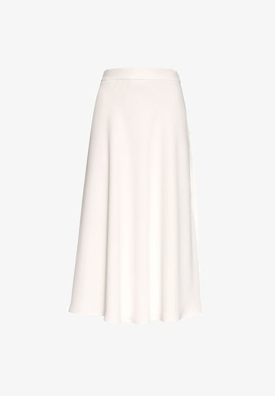 Fehér A-vonalú szoknya sima anyagból. Feszes derekú, padlóhosszan végződik. Egyszerű, elegáns kialakítás, nincs látható minta vagy díszítés.