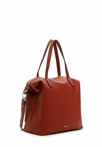 Red leather handbag with a textured finish, featuring dual top handles, a detachable shoulder strap, and a zip closure.