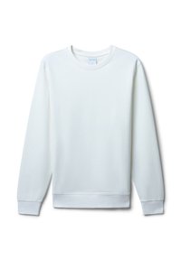 Felpa bianca realizzata in tessuto morbido, con colletto a girocollo, maniche lunghe, polsini a costine e un design semplice senza decorazioni.