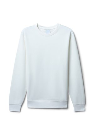 Felpa bianca realizzata in tessuto morbido, con colletto a girocollo, maniche lunghe, polsini a costine e un design semplice senza decorazioni.